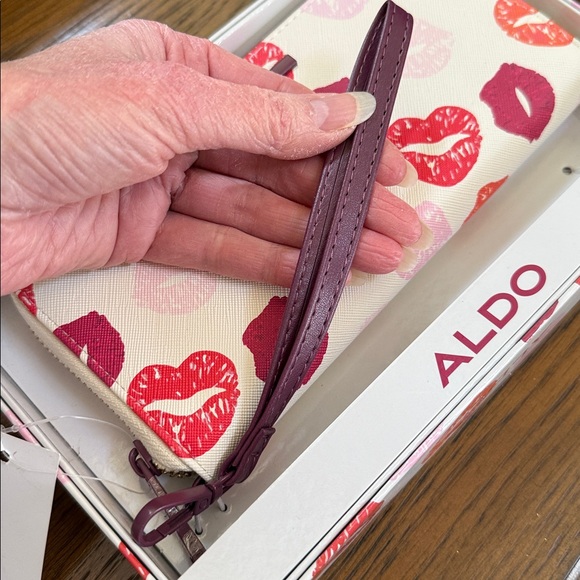 Aldo Women's Wristlet Wallet with Red, Pink, Orange and Plum Purple. Kiss Print. - Picture 9 of 11